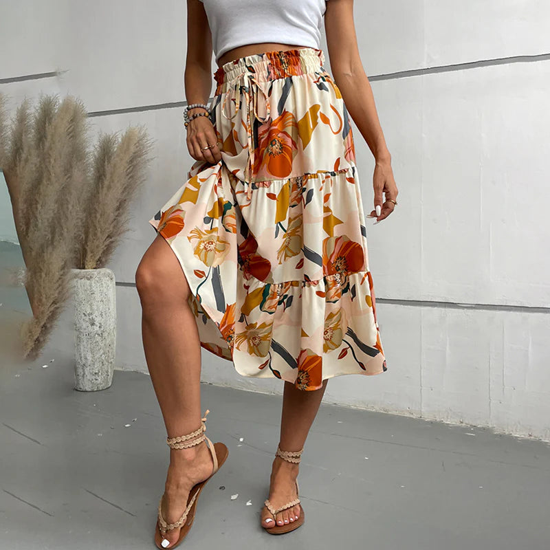Women Floral Tiered Midi Skirt Elastic Waist Dressy Casual A-Line Flowy Boho Skirts
