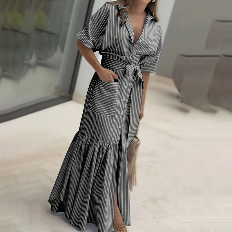 Women Summer Casual Striped Button down Maxi Dress Tie Waist Short Sleeve Shirt Dress with Pockets