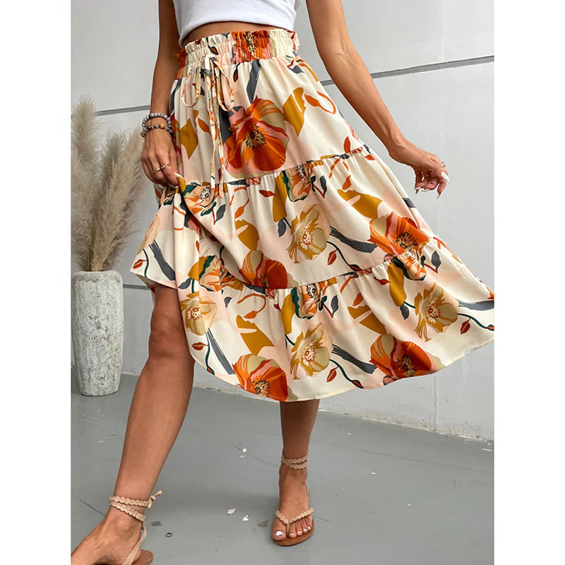 Women Floral Tiered Midi Skirt Elastic Waist Dressy Casual A-Line Flowy Boho Skirts