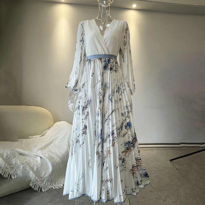 Women Floral Print V-Neck Long Sleeve A-Line Flowy Ruffle Maxi Dress