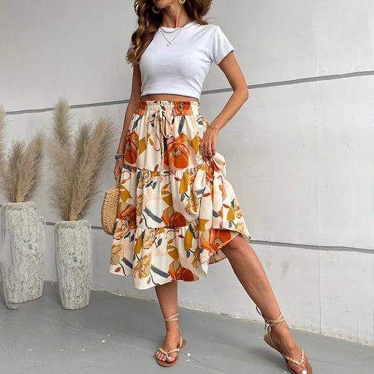 Women Floral Tiered Midi Skirt Elastic Waist Dressy Casual A-Line Flowy Boho Skirts