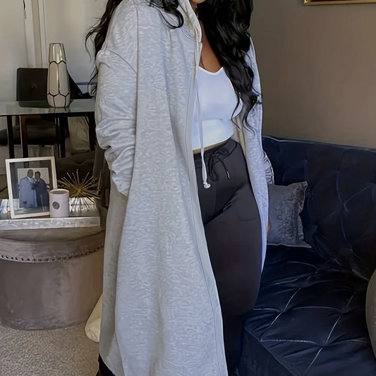 Women Solid Color Hooded Fashionable Long Hoodie Jacket