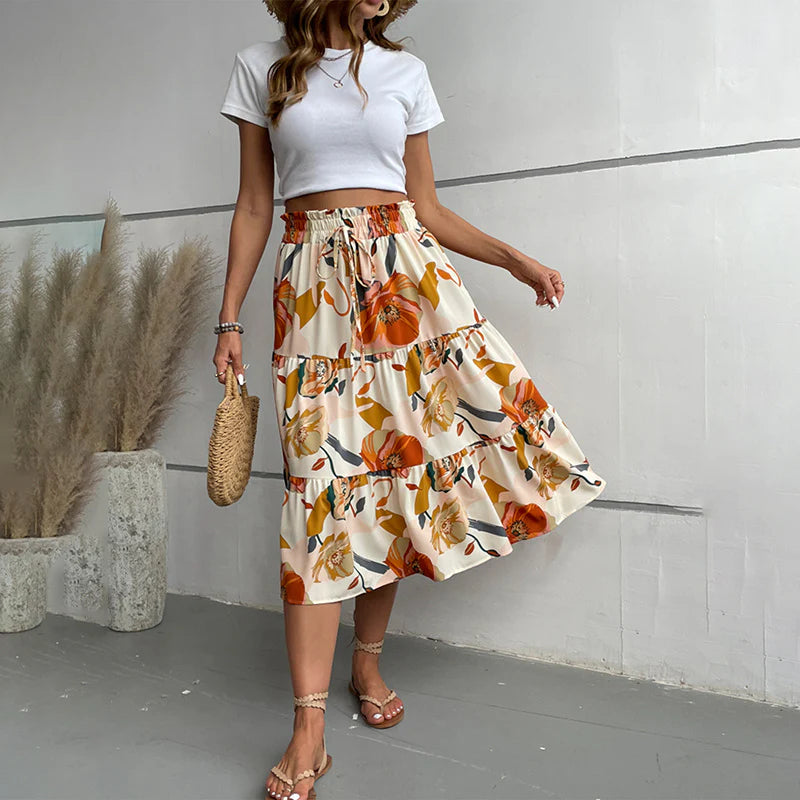 Women Floral Tiered Midi Skirt Elastic Waist Dressy Casual A-Line Flowy Boho Skirts