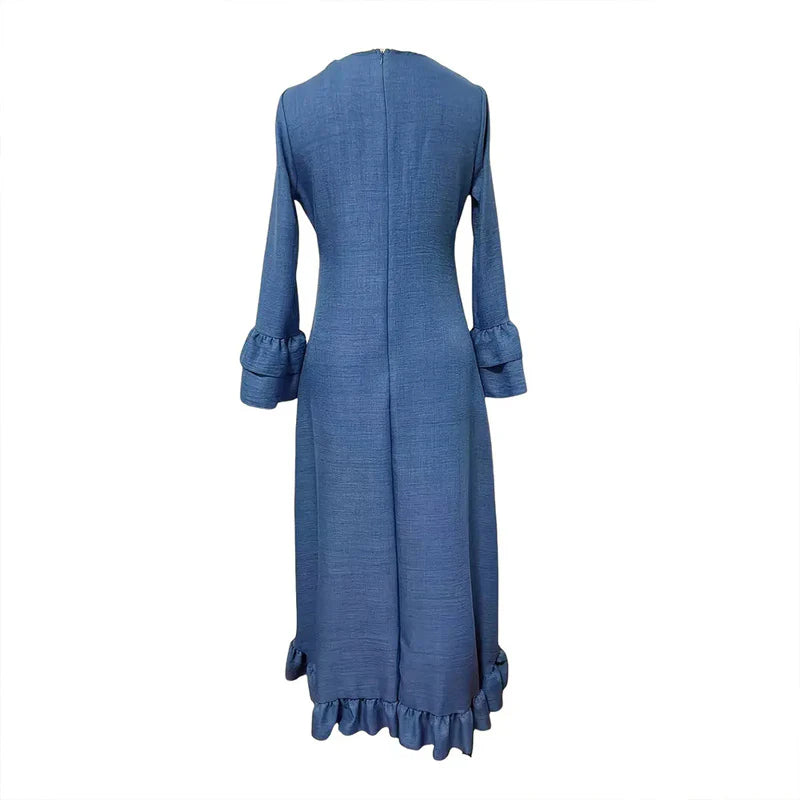 Women Solid Deep V Neck Ruffle Hem and Asymmetrical Hem Long Sleeve Dress