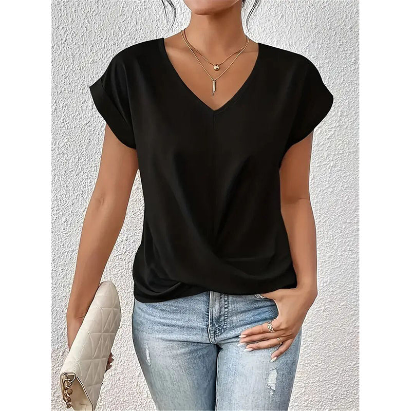 Women Comfy Casual Summer Tops Short Sleeve V Neck Blouses T Shirts Twist Knot Basic Tees