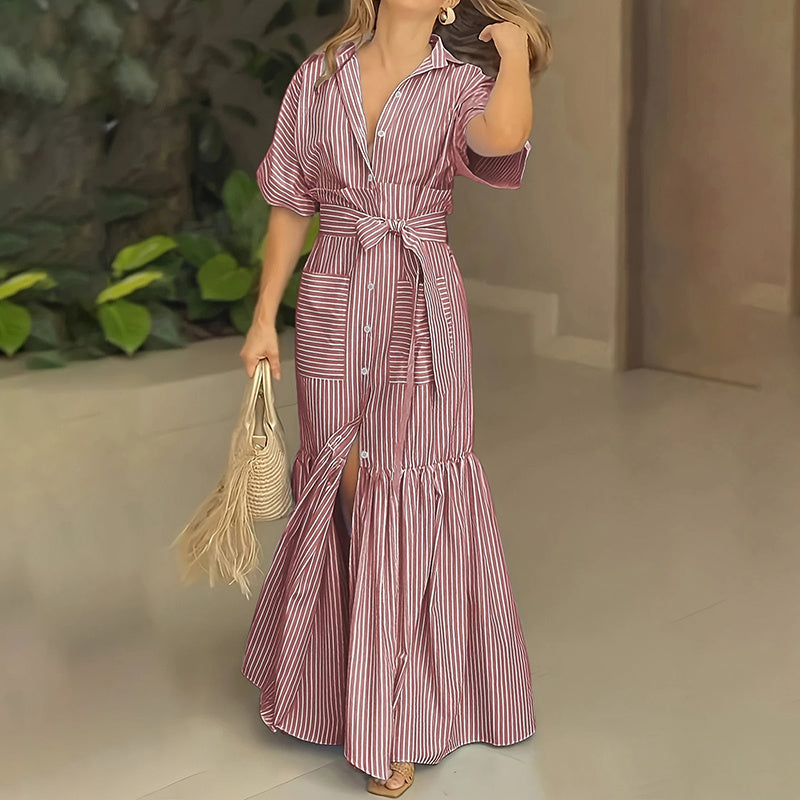 Women Summer Casual Striped Button down Maxi Dress Tie Waist Short Sleeve Shirt Dress with Pockets